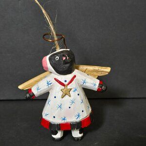 Vintage Wooden Wood Folk Art Primitive Cow Angel Christmas Ornament Black White